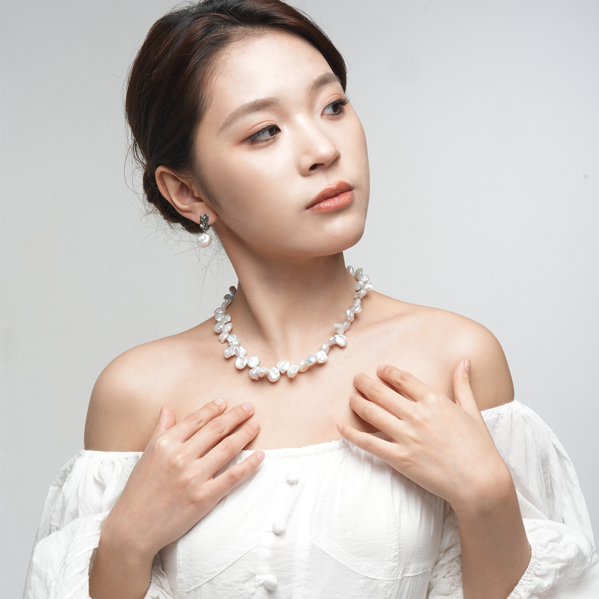 落英 （不带吊坠）-9-12mm白色淡水无核keshi珍珠项链 淡水keshi Pearl Necklace detail view
