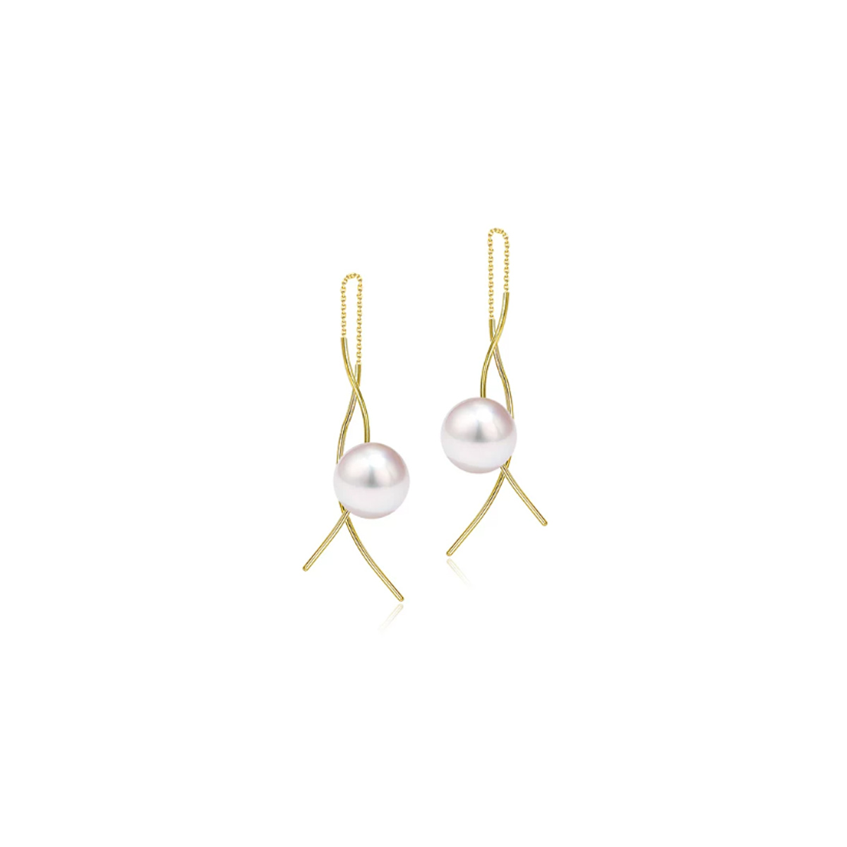 Sea water Akoya pearl earrings 18K gold S-shaped curved earrings long ear line elegant earrings Freshwater Pearl Earrings detail view