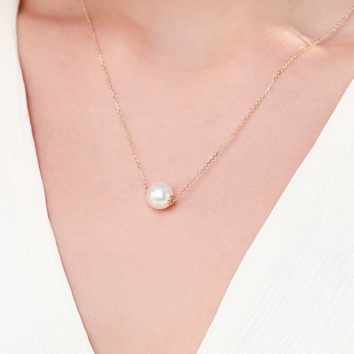 海水Akoya珍珠路路通项链18K金单颗吊坠极简锁骨颈链 Freshwater Pearl Necklace detail view