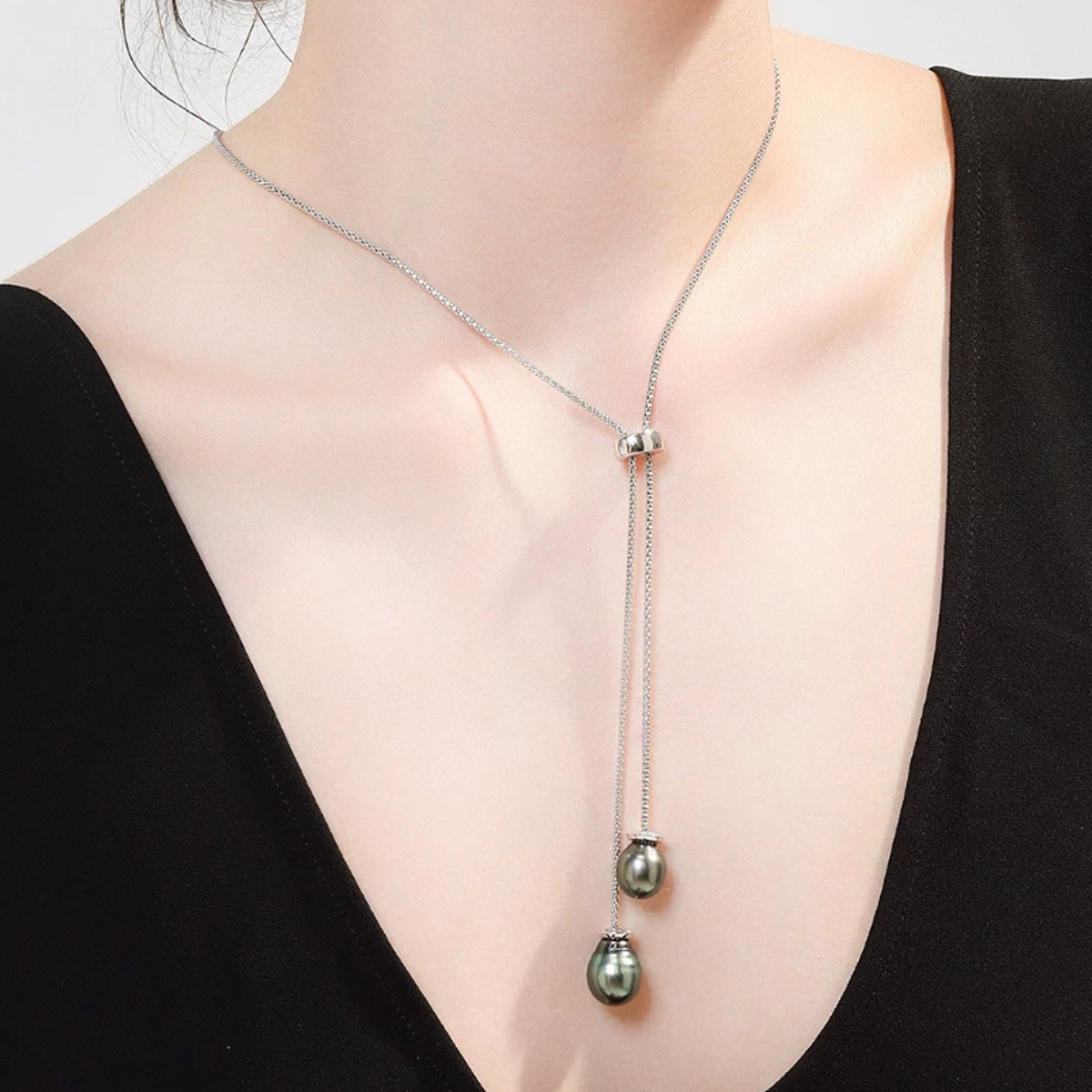 大溪地螺纹黑珍珠项链毛衣链海水双珠S925银颈链 自由调节 Freshwater Pearl Necklace detail view