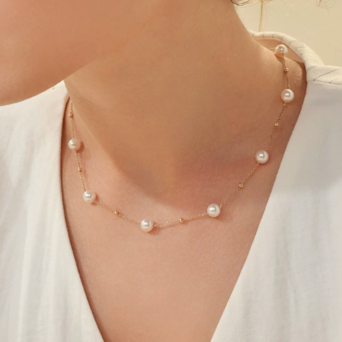 满天星珍珠项链极光Akoya海水珍珠18K金锁骨颈链毛衣链 Freshwater Pearl Necklace detail view