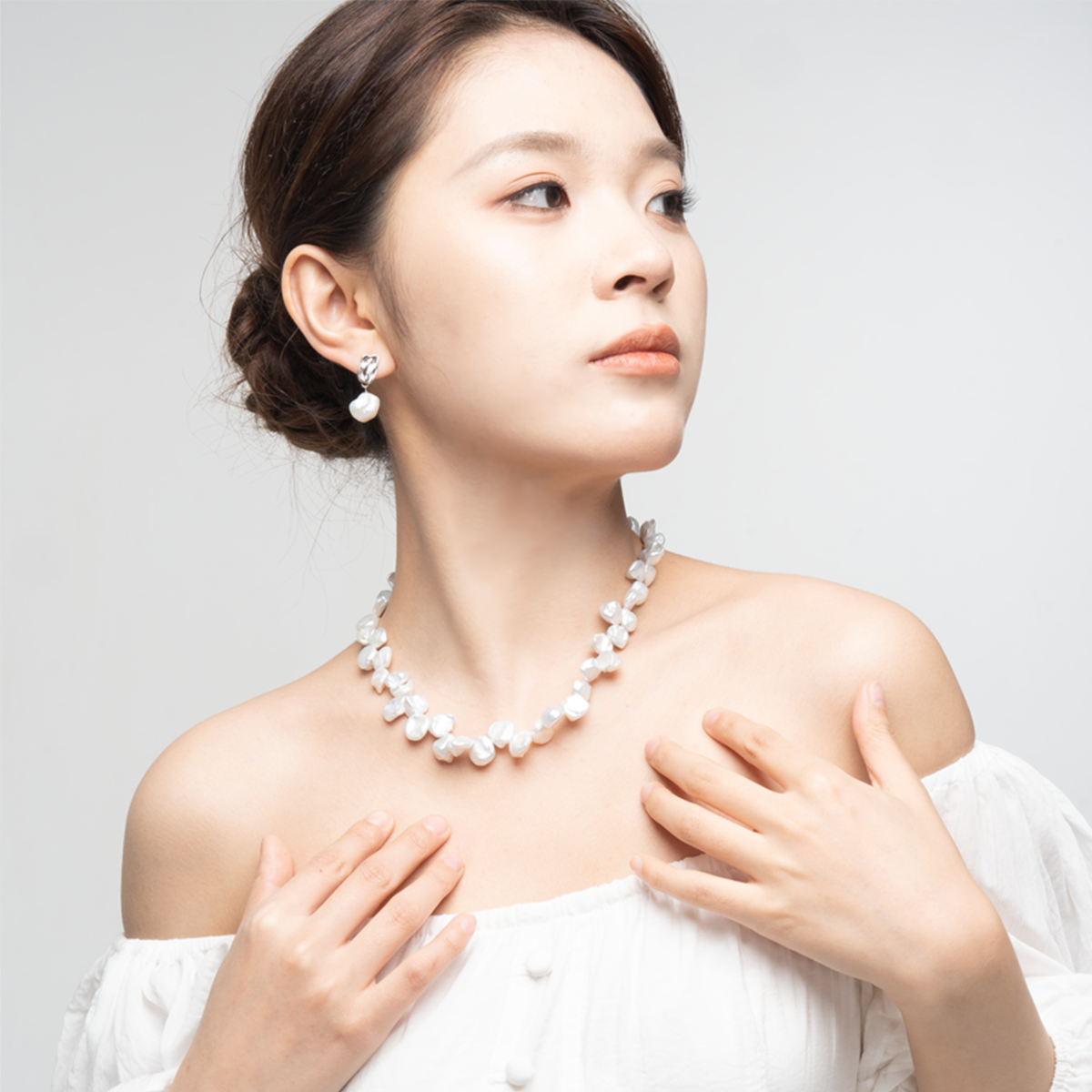 落英 -白色淡水无核keshi珍珠项链耳坠 淡水keshi Pearl Taozhuang detail view